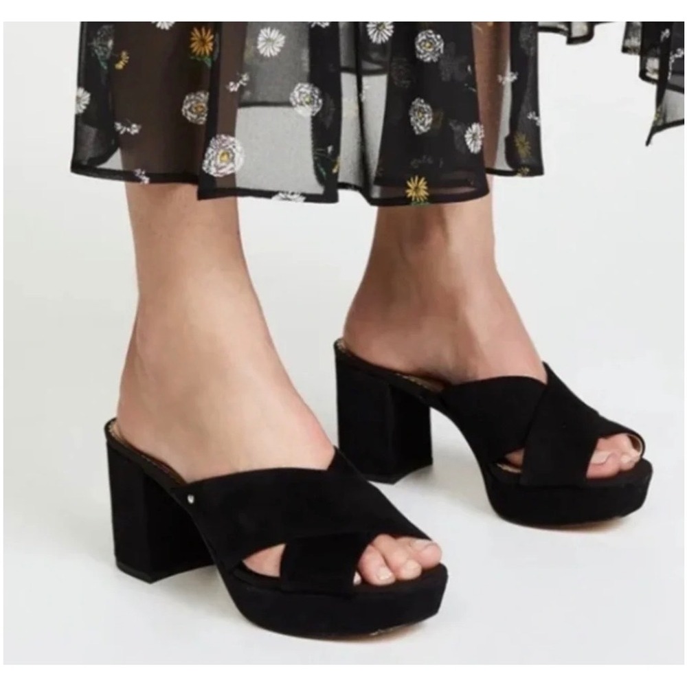 Sam Edelman Black Suede Crisscross Block Heel Platform Slide Sandals Size 7